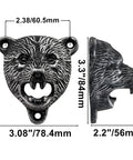 Keep Your Cold Ones Rolling Smooth With This Heavy Duty Cast Iron Vintage Beer Bottle Opener Wall Mount Featuring Sculpted Grizzly Bear Head And Gripping Teeth Lever For Man Cave Bar Setup, showing dimensions and details.