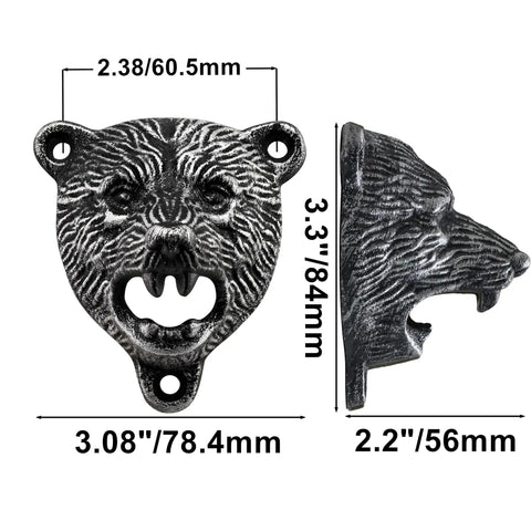 Keep Your Cold Ones Rolling Smooth With This Heavy Duty Cast Iron Vintage Beer Bottle Opener Wall Mount Featuring Sculpted Grizzly Bear Head And Gripping Teeth Lever For Man Cave Bar Setup, showing dimensions and details.
