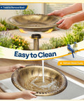 Weather Resistant Outdoor Polyresin Bird Bath With 28 Inch Pedestal And 20 Inch Bowl In Antique Copper Finish For Garden Backyard And Patio Stable And Tip Proof Built To Last Easy Setup No Fuss shown with easy bowl removal for cleaning.