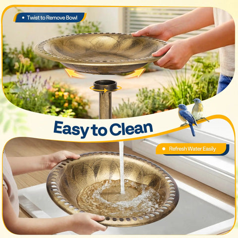 Weather Resistant Outdoor Polyresin Bird Bath With 28 Inch Pedestal And 20 Inch Bowl In Antique Copper Finish For Garden Backyard And Patio Stable And Tip Proof Built To Last Easy Setup No Fuss shown with easy bowl removal for cleaning.