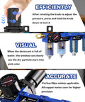 Four Stage One Quarter Inch NPT Industrial Compressed Air Dryer With Brass Filter And Coalescing Filter, Dual Desiccant Dryers, Air Regulator, Metal Bowl, Semi Auto Drain, Heavy Duty Workhorse Blue showing operational features and gauges.