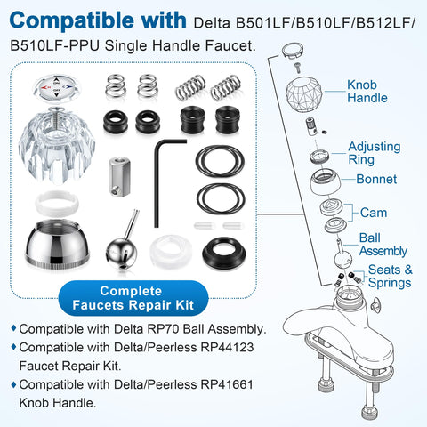 Faucet Repair Kit With Handle For Delta And Peerless RP44123 Includes Ball Assembly Seats Springs Cam Cap Adjusting Ring Bonnet