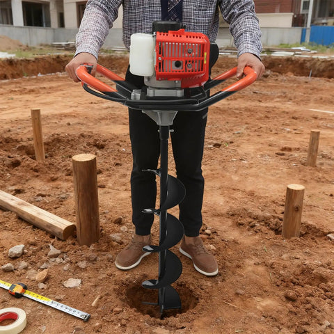 Gas Powered Post Hole Digger With 2.3HP Engine Earth Auger Kit drilling hole in dirt with anti-vibration handle