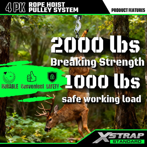 Deer lifted by Beefy Heavy Duty 2000 Lb Rope Hoist With 50 Ft Soft Loop Poly Rope, featuring pulley system in forest setting