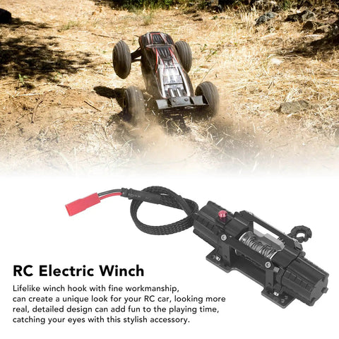 Premium Alloy RC Winch With Dual Motor For Axial Scx10 And D90 1/10 Crawlers displayed next to rugged terrain.