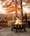 Wood Burning Fire Pit With Mesh Cover And Fire Poker 32 Inch Round Metal Outdoor Firepit With Star And Moon Cutouts for backyard gatherings
