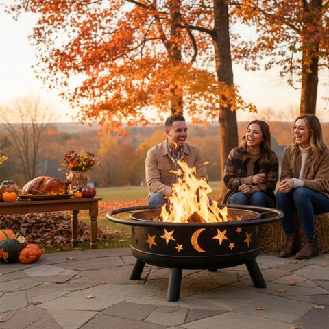 Wood Burning Fire Pit With Mesh Cover And Fire Poker 32 Inch Round Metal Outdoor Firepit With Star And Moon Cutouts for backyard gatherings