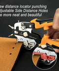 Leather Hole Punch Tool Set Multifunction Puncher in use on a leather belt with side-distance locator, durable 4CR stainless needle