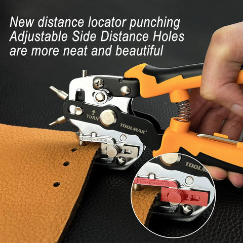 Leather Hole Punch Tool Set Multifunction Puncher in use on a leather belt with side-distance locator, durable 4CR stainless needle