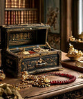 Open ornate jewelry box with gold artifacts and red beaded necklace on a wooden table in a classic room.