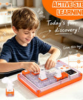 Circuit Board Kit For Kids With 500 Plus QR Guided Projects, STEM Electronics Set For Ages 8 And Up, 5 Hands On Interactive Modules Including Fan, Projector, And Bulb Modules, Great Educational Gift boy building a snap-together plastic electronics kit