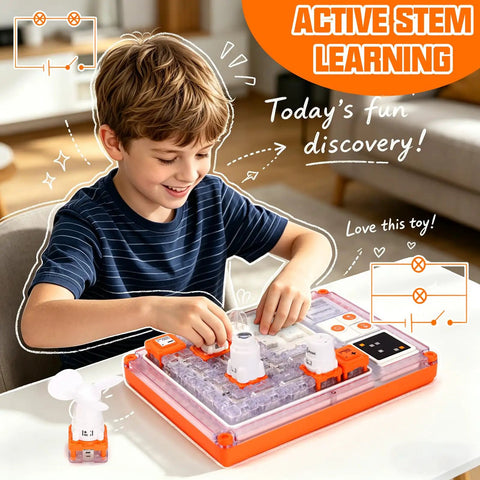 Circuit Board Kit For Kids With 500 Plus QR Guided Projects, STEM Electronics Set For Ages 8 And Up, 5 Hands On Interactive Modules Including Fan, Projector, And Bulb Modules, Great Educational Gift boy building a snap-together plastic electronics kit