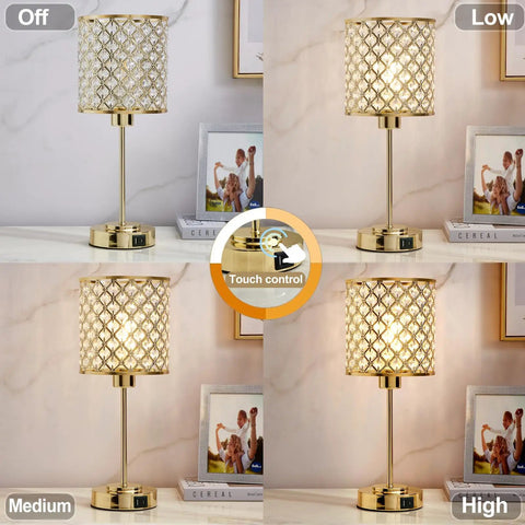 Dope Crystal Table Lamp With USB C And USB A Ports Touch Dimmer Bedside Lamp in Gold with different brightness levels