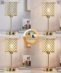 Crystal Touch Control Table Lamps With USB-C And USB-A Charging Ports, Dimmable Nightstand Lights Set Of 2 in gold elegant shade with tap dimmer showing four light levels.