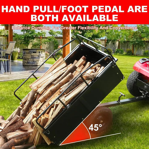 Beefy Heavy Duty Steel Dump Cart With 15 Cubic Feet Capacity, Pull Behind Utility Cart, tipping firewood, removable sides