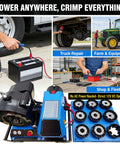 Portable 12V Hydraulic Hose Crimper High Pressure 137 Ton Machine With 8 Dies For 0.4 To 2.4 Inch Hoses shown during vehicle repairs.