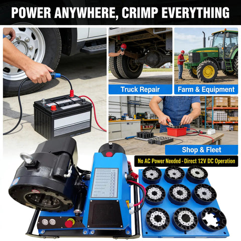 Portable 12V Hydraulic Hose Crimper High Pressure 137 Ton Machine With 8 Dies For 0.4 To 2.4 Inch Hoses shown during vehicle repairs.