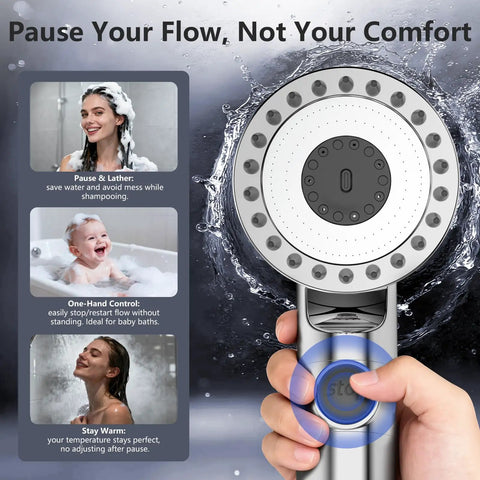 Person holding filtered handheld shower head with high pressure spray and multiple modes power wash for hard water filter
