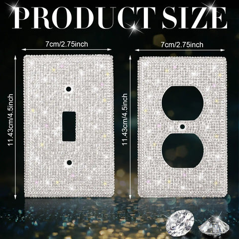 Six Piece Diamond Light Switch Cover Set Dope Rhinestone Bling Wall Plates For Single Gang And Duplex Outlets, shown in size specs
