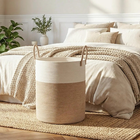 Real Deal Laundry Hamper With Safe Rounded Edges, Legit Nursery Stash Bin For Cozy Blankets And Small Gear, Big Capacity Soft Basket For Easy Home Organization In Earthy Brown And Bright White