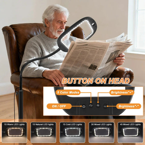 Elderly man reading with Upgraded 30X And 10X Floor Magnifying Glass With Light And Stand Hands Free 3 In 1 Magnifying Lamp.