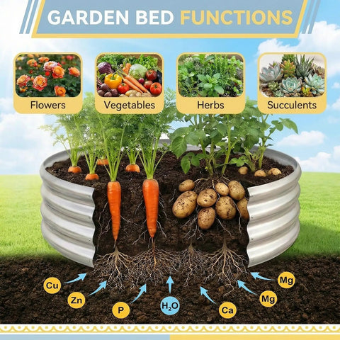 Diagram showing vegetables, flowers, herbs, and succulents growing in a Two By Two By One Foot Galvanized Raised Garden Bed Set For Outdoor Use Durable Metal Planter Beds For Vegetables Fruits Herbs And Flowers Two Pack Included Perfect For Courtyards Yards Gardens And Greenhouses Easy To Assemble Weather Resistant, with nutrient labels below.