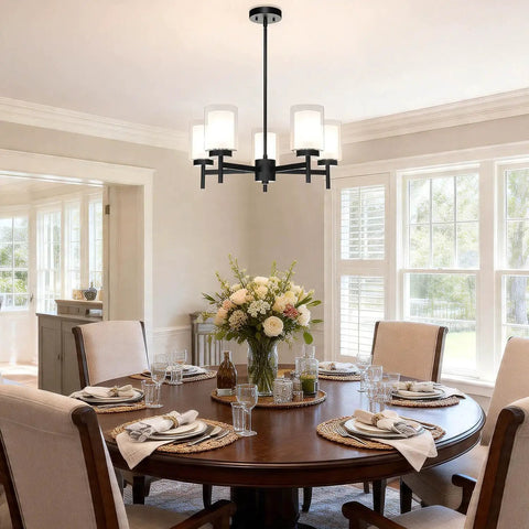 Matte Black Five Light Chandelier With Dual Glass Shades hanging over a dining table, modern farmhouse style, slim arms