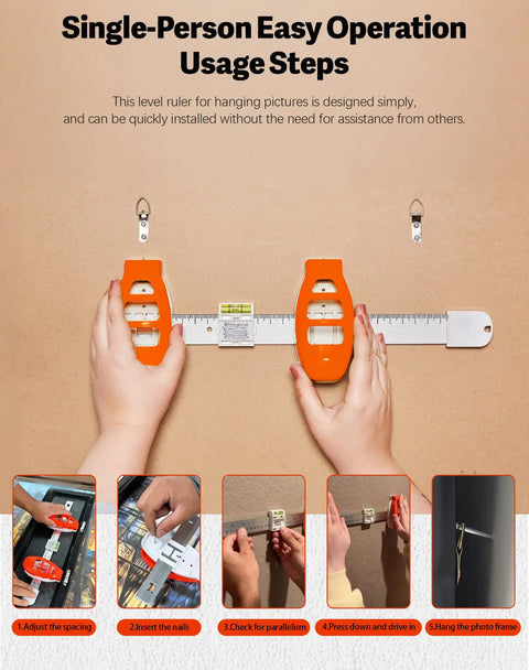Slick Three In One Picture Hanging Tool With Integrated Spirit Level And Metal Measuring Ruler For Hassle Free Wall Mounting And DIY Home Decor Projects That Look Legit Straight Up Every Time