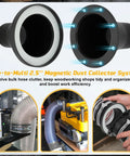 Magnetic Dust Collection Fittings 4 To 2.5 Inch One To Multi Hose Adapter for woodworking shop vacuum illustrated in various uses.