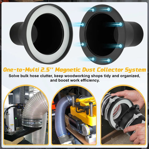 Magnetic Dust Collection Fittings 4 To 2.5 Inch One To Multi Hose Adapter for woodworking shop vacuum illustrated in various uses.