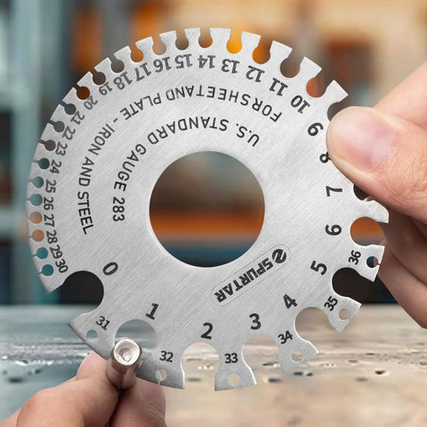 Three Piece Wire Gauge Tool Kit Dual Sided Stainless Steel Thickness Gauges For Wire And Sheet Metal in use.