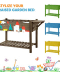 Raised Garden Bed With Eight Grid Grow Space, Elevated Wood Planter Box Stand With Foldable Side Table And Storage Shelf