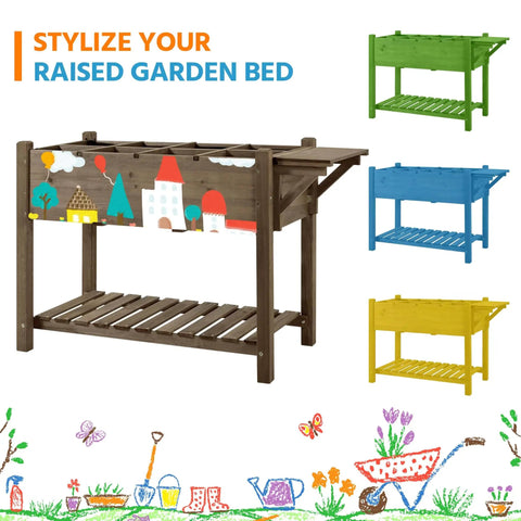 Raised Garden Bed With Eight Grid Grow Space, Elevated Wood Planter Box Stand With Foldable Side Table And Storage Shelf