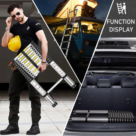 Lightweight Aluminum Telescoping Ladder 10.5 Ft Easy Fold Non Slip Feet Portable Collapsible Extension Ladder For Home Roof Loft RV Work EN131 Certified 330 Lb Max Capacity Versatile DIY Gear displayed in use and storage options
