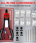 Beefy One Quarter Inch Rivet Gun Kit With 230 Rivets And Five Drill Bits displayed with accessories on a metallic background