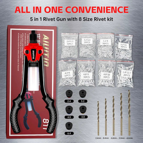 Beefy One Quarter Inch Rivet Gun Kit With 230 Rivets And Five Drill Bits displayed with accessories on a metallic background