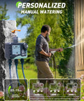 Person using Three Zone Sprinkler Timer For Lawn And Garden With No Fuss Programmable Watering Modes Auto Manual Rain Delay