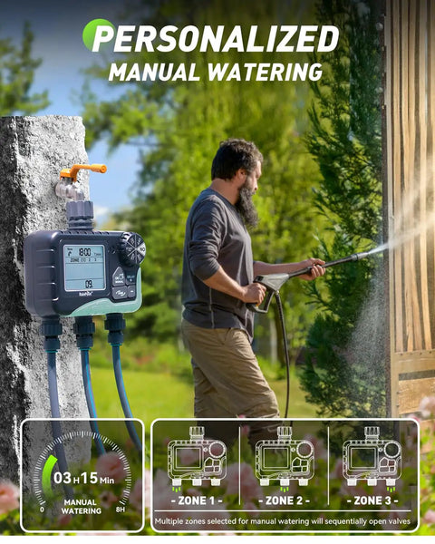 Person using Three Zone Sprinkler Timer For Lawn And Garden With No Fuss Programmable Watering Modes Auto Manual Rain Delay