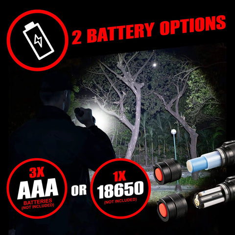 Man using Ultra Bright Tactical Flashlight For EDC Mini Size Compact Powerhouse illuminating trees at night, battery options displayed.