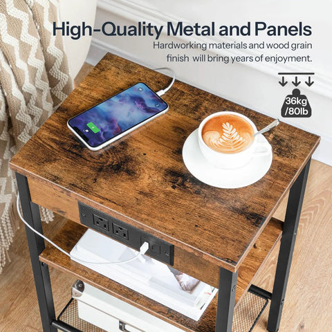 Top view of Space Saver Side Table With Built In Charging Station And USB Type C Port 3 Tier Nightstand For Small Spaces.