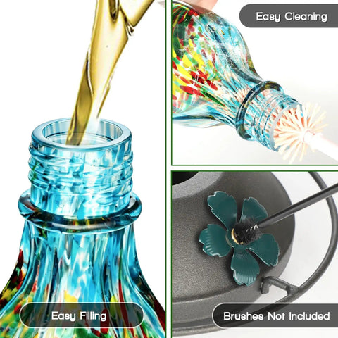 Close-up of Hand Blown Glass Hummingbird Feeder For Outdoors Hanging 24oz Nectar Bottle with cleaning and filling features