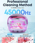 Heavy Duty 45Khz Ultrasonic Cleaning Pod For Jewelry Eyeglasses And Watches Kickin Real Grit To The Curb With Sonic Bubbling Tech For Straight Up Spotless Dentures And Retainers In Clean White, featuring a pink device showcasing cleaning action.