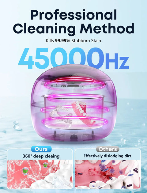Heavy Duty 45Khz Ultrasonic Cleaning Pod For Jewelry Eyeglasses And Watches Kickin Real Grit To The Curb With Sonic Bubbling Tech For Straight Up Spotless Dentures And Retainers In Clean White, featuring a pink device showcasing cleaning action.