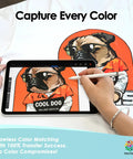 Person using a tablet to adjust colors on a T-shirt design featuring a dog, highlighting the DTF Transfer Film Kit For DIY T Shirt Transfers A3 Size 60 Sheets 11x17 Inch PET Film Heat Transfer Paper Hot Peel Double Matte Direct To Film Vibrant Color Seven Layer Coated Compatible With Epson ET 8550 8500 XP15000 L1800.