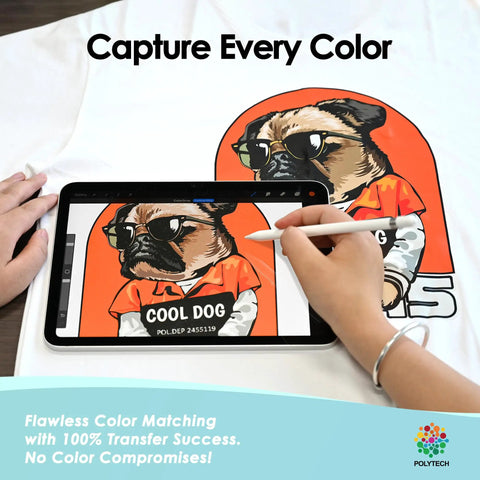 Person using a tablet to adjust colors on a T-shirt design featuring a dog, highlighting the DTF Transfer Film Kit For DIY T Shirt Transfers A3 Size 60 Sheets 11x17 Inch PET Film Heat Transfer Paper Hot Peel Double Matte Direct To Film Vibrant Color Seven Layer Coated Compatible With Epson ET 8550 8500 XP15000 L1800.
