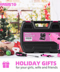 Lightweight Pink Cordless USB Electric Screwdriver Kit With 3.6V Drill Driver in tool set near holiday gifts and tree.