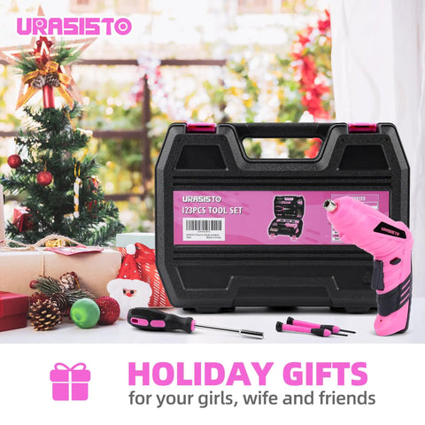 Lightweight Pink Cordless USB Electric Screwdriver Kit With 3.6V Drill Driver in tool set near holiday gifts and tree.