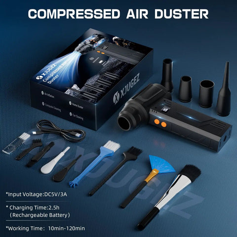 Electric Air Duster With Flashlight And Display, 180000 RPM High Speed Blower, 4 Gear Settings, accessories displayed