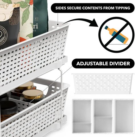 Total Game Changer Slick Sliding Under Sink Organizer With Adjustable Divider And Portable White Baskets For Kitchen Cabinets And Bathroom Vanity No Sweat Storage, featuring adjustable divider and secure sides.