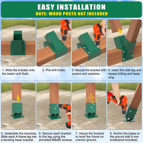 Heavy Duty A-Frame Swing Set Middle Bracket Kit With Four Swing Leveling Bases For 4x4 Posts And 4x6 Beam, DIY Swingset Hardware For Easy Install, Fits Standard Wood Beams And Posts